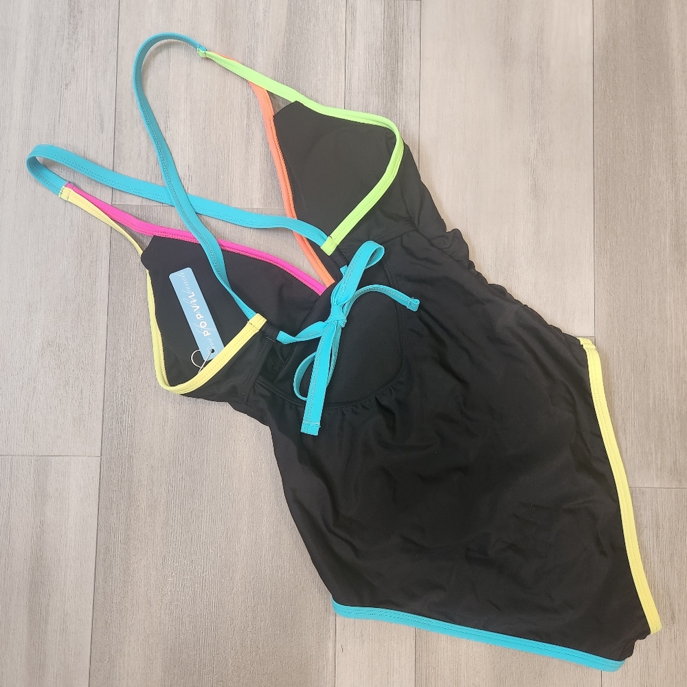 Neon straps swimsuit M black one piece deep V swimwear tummy control shaper new - Picture 8 of 12